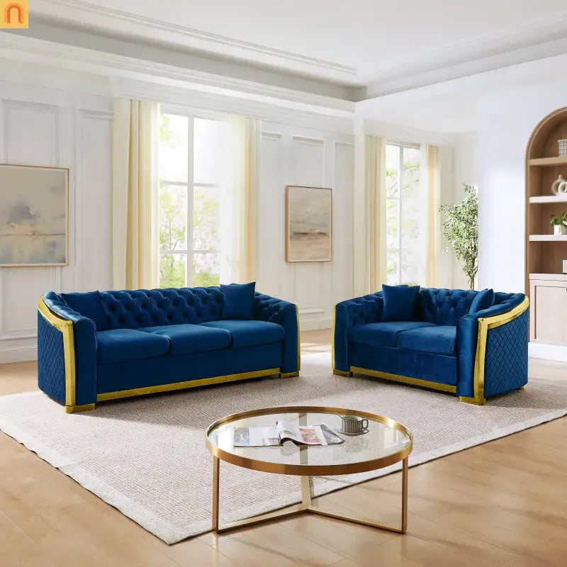 Sofa Chesterfield Velvet Navy 2-Piece Tufted Gold Accents