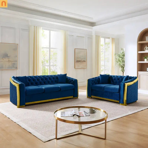 Sofa Chesterfield Velvet Navy 2-Piece Tufted Gold Accents