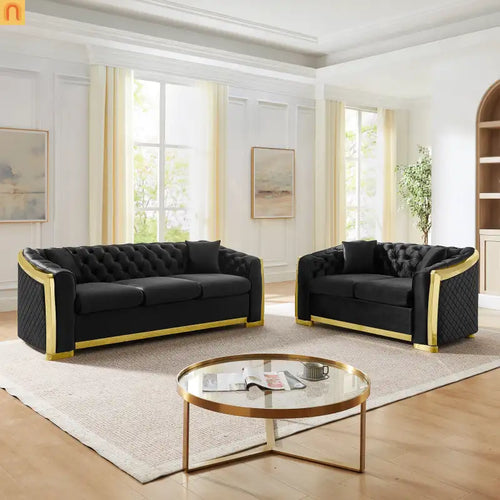 Sofa Chesterfield Velvet Black 2-Piece Tufted Gold Accents