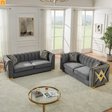 Sofa Mid-Century Velvet Gray 3-Seat Gold Hardware 81in