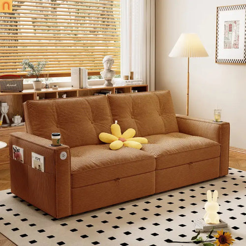 Sofa Convertible Corduroy Orange 73in Steel Frame 600 lb