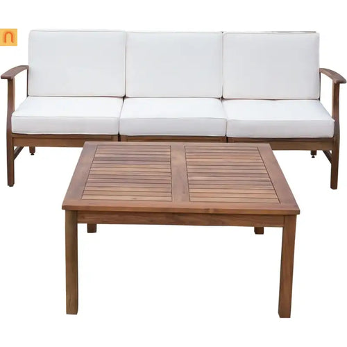 Outdoor Sofa Set Acacia Wood Cream Cushions 3-Seater with Table