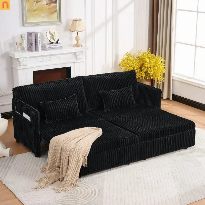 Sofa Convertible Corduroy Black USB 3-in-1 600 lb