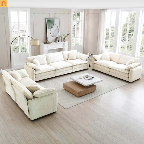 Sofa Set Deep Seat Corduroy Beige 7-Seat 3-Piece Retro Style