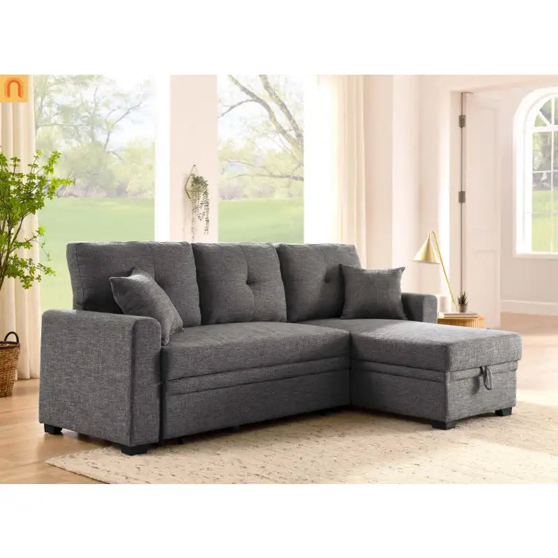 Sofa Sectional Polyester Gray Pull-Out Sleeper 76in Chaise Storage