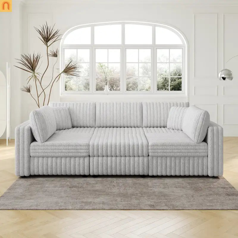 Sofa Modular Microfiber Light Gray 6-Seat Hydraulic Ottoman