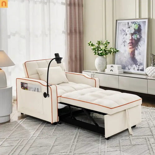 Sofa Chair Convertible Velvet Beige Pull-Out Bed USB Cup Holder