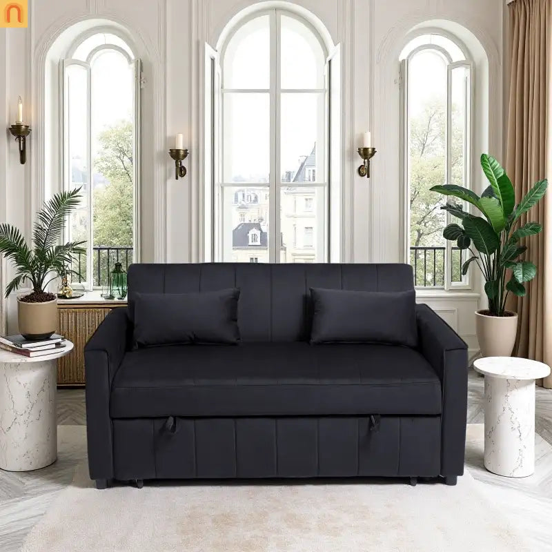 Sofa Velvet Black Pull-Out Sleeper 69in Side Pockets