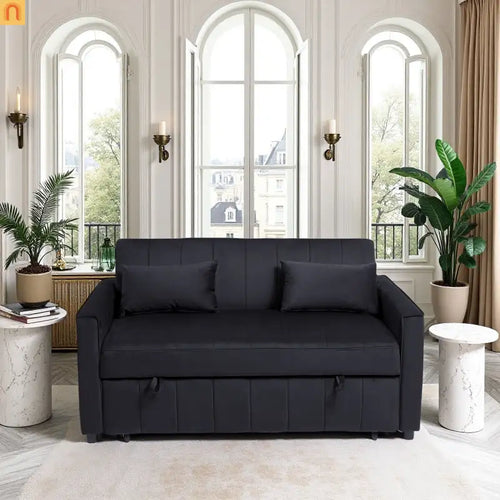 Sofa Velvet Black Pull-Out Sleeper 69in Side Pockets