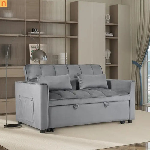 Sofa Convertible Velvet Light Gray Pull-Out Sleeper 57in Storage