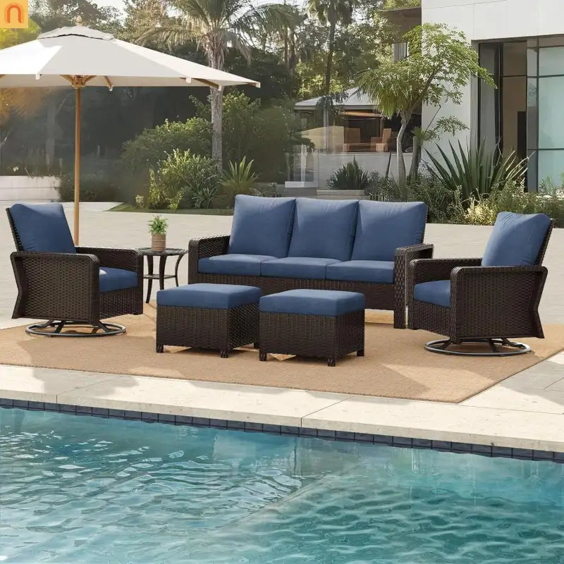 Outdoor Patio Set PE Rattan Dark Coffee Blue Cushions