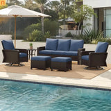 Outdoor Patio Set PE Rattan Dark Coffee Blue Cushions
