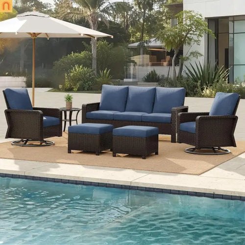 Outdoor Patio Set PE Rattan Dark Coffee Blue Cushions