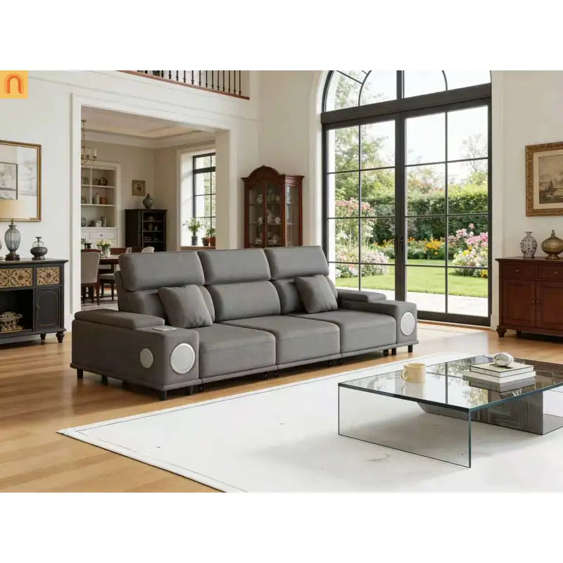 Sofa Power Recliner Light Gray Polyester Bluetooth USB 127in