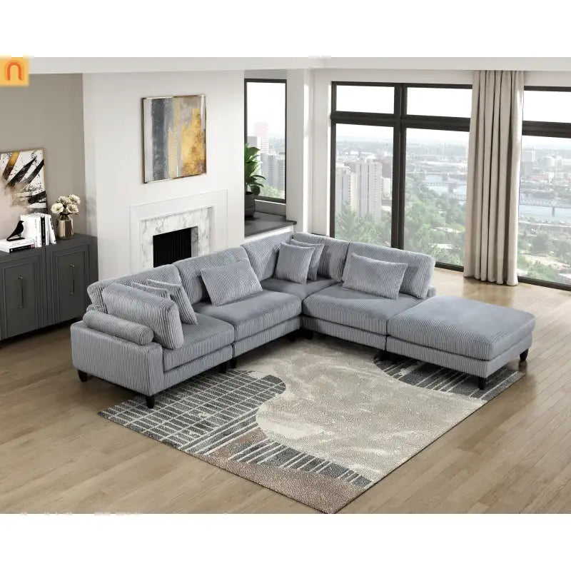 Sectional Sofa Modular Corduroy Gray 5-Seat 120in Ottoman