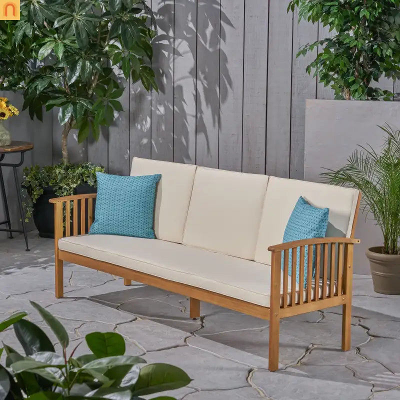 Outdoor Patio Sofa Acacia Wood Cream 3-Seater Waterproof 77.75in
