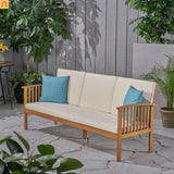 Outdoor Patio Sofa Acacia Wood Cream 3-Seater Waterproof 77.75in