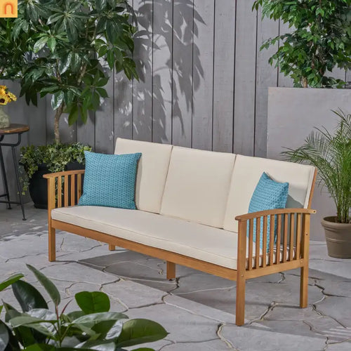 Outdoor Patio Sofa Acacia Wood Cream 3-Seater Waterproof 77.75in