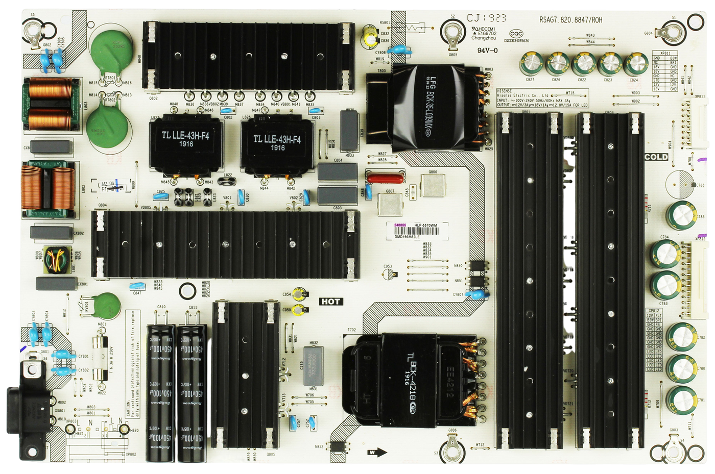 248855 Hisense Power Supply, RSAG7.820.8847 ROH, E166702, HLP-5570WM, 65H9F